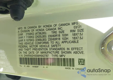 2021 Honda Cr-V Awd Ex z USA, uszkodzony, nr VIN 2HKRW2H55MH642787